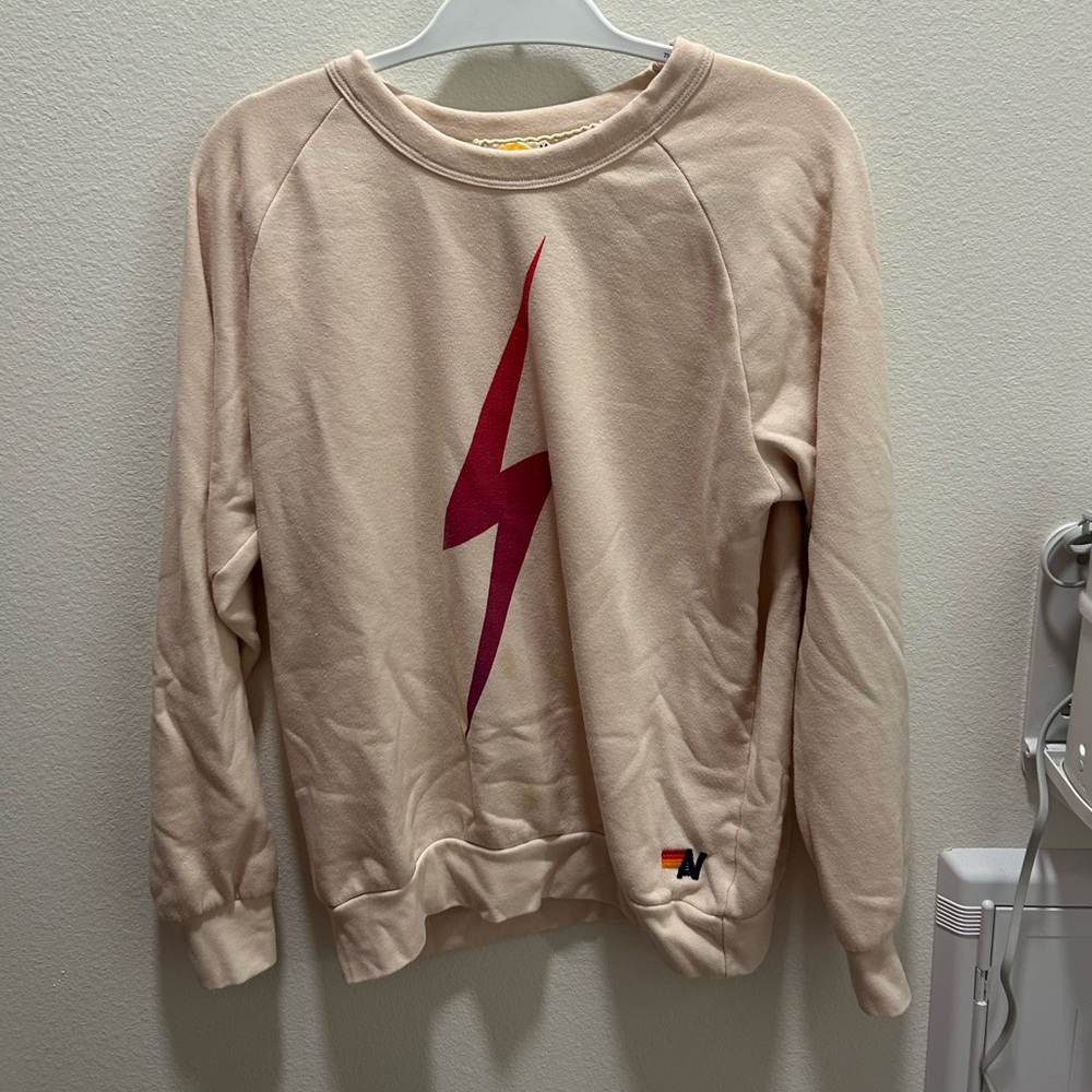 Aviator Nation Cream Crewneck with Dark Pink Lightning Bolt